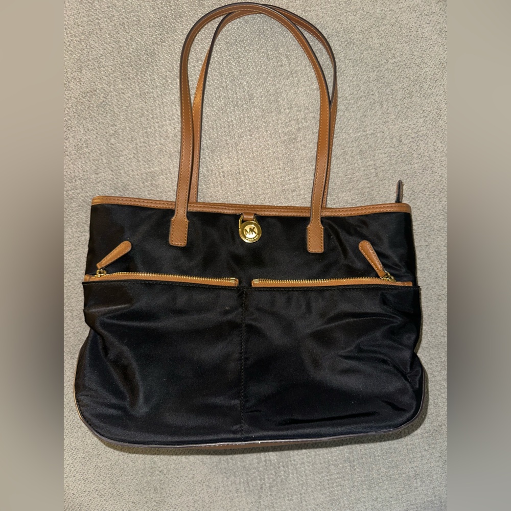 Michael Kors Black and Brown Tote Bag with Gold Accents